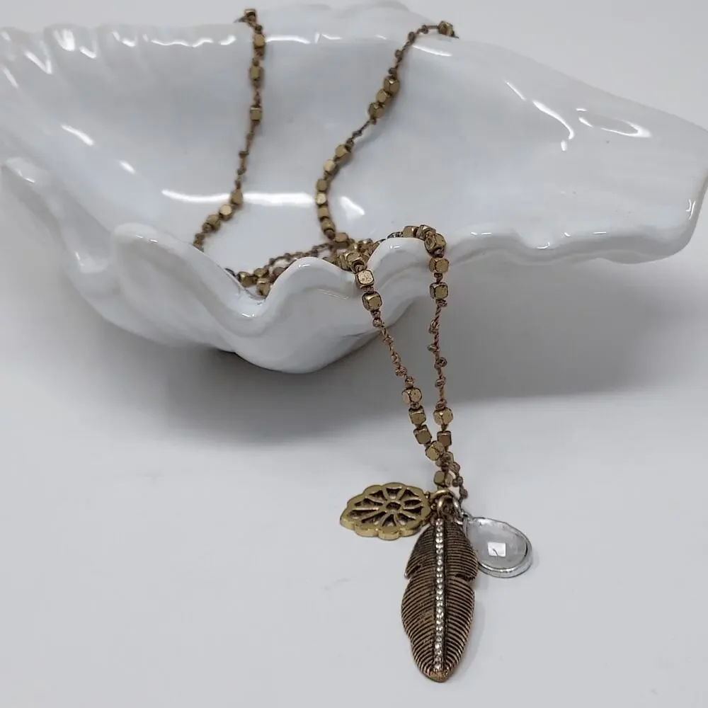 Lucky Brand Pendant Necklace Aged Gold Tone Stone Metal Rhinestone Charms Boho